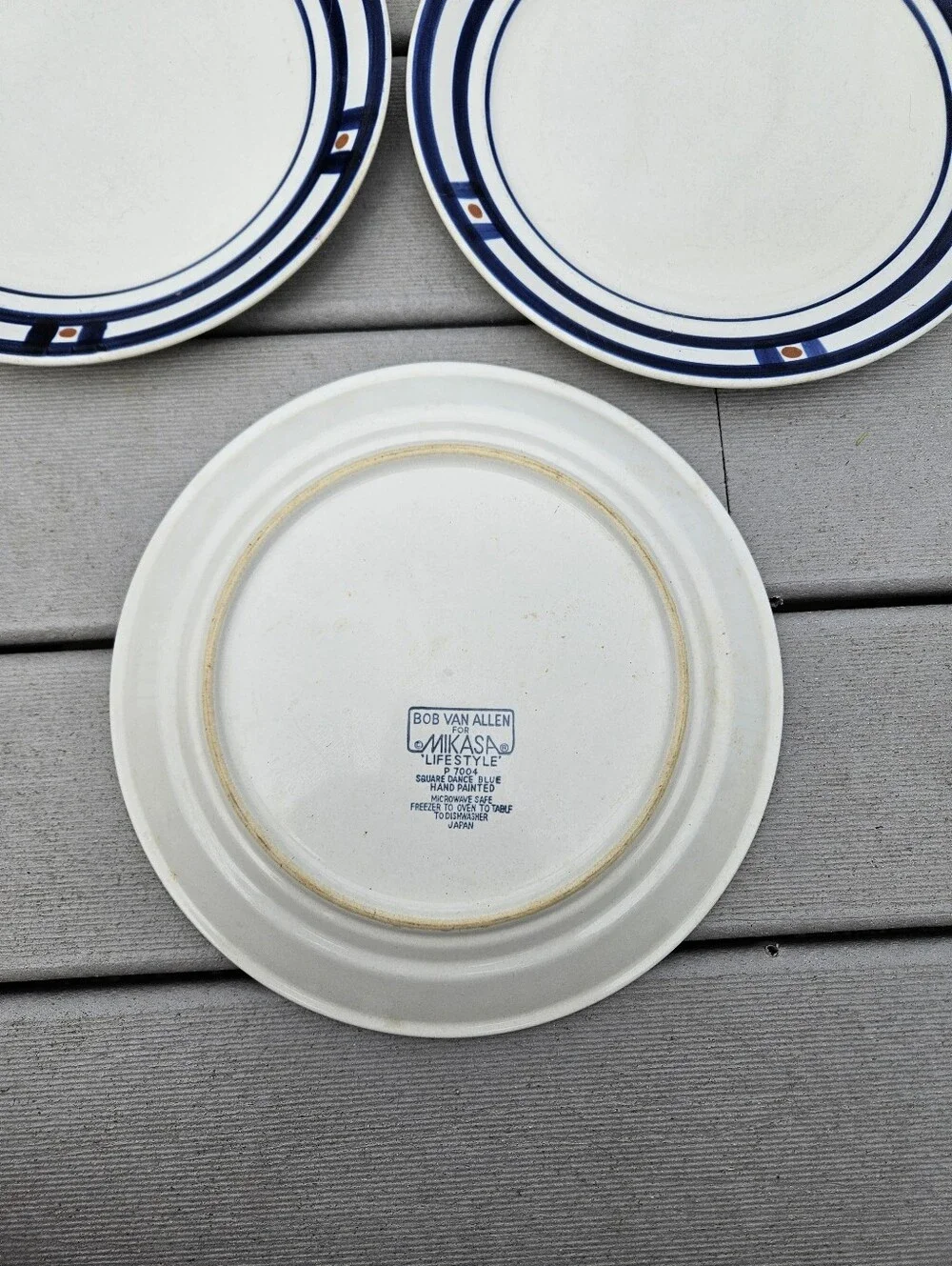 Mikasa White Dinner Plates with Navy Blue and Brown Accent - Set of 3